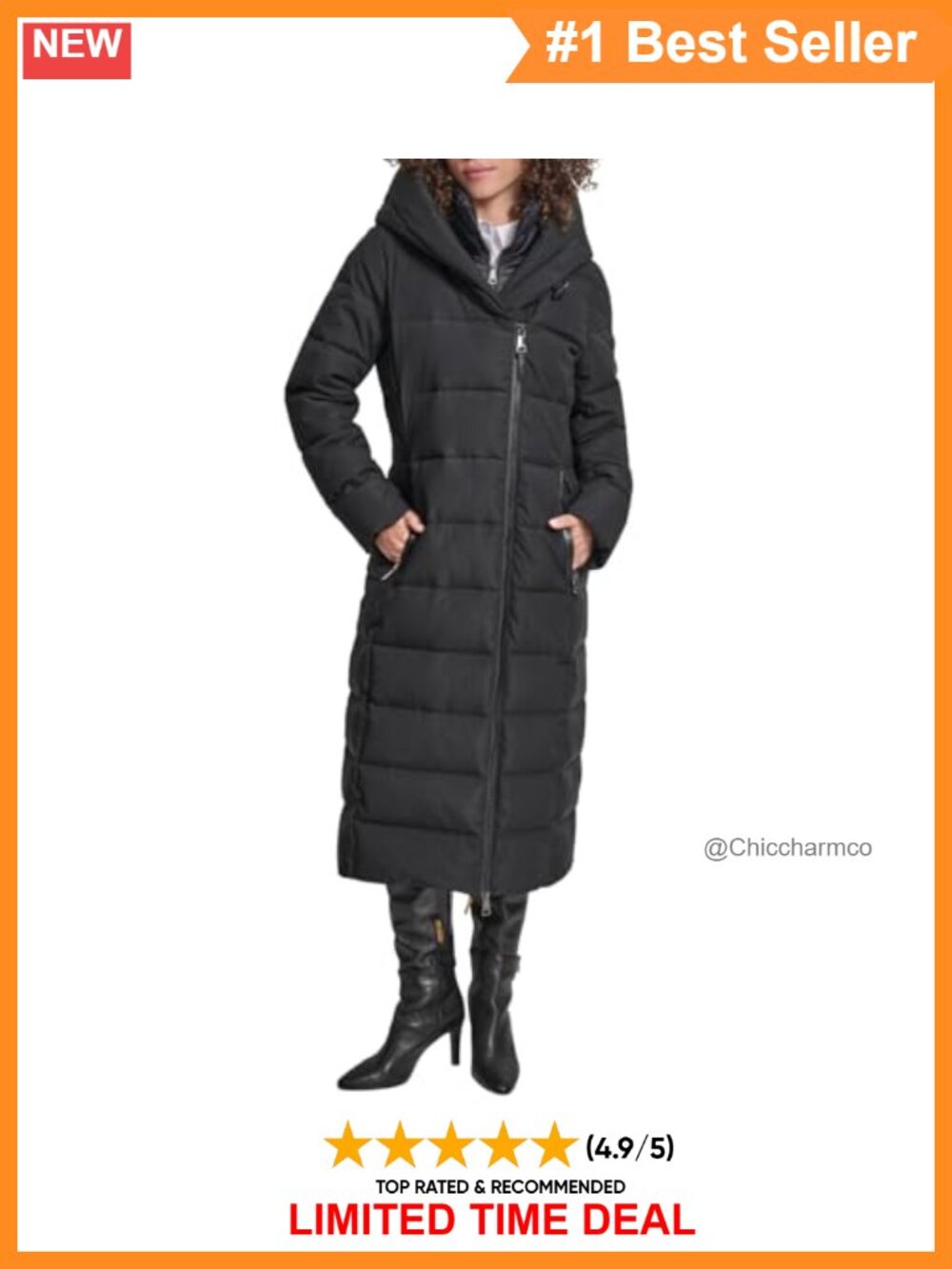 Maxi Puffer Coat with Bib and Asymmetrical Zipper Front Long Quilted Winter